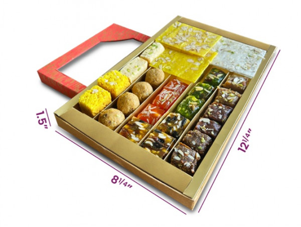 Image of Assorted Barfi, Halwa &amp; Dry Fruit Besan Ladoos in Fancy Box