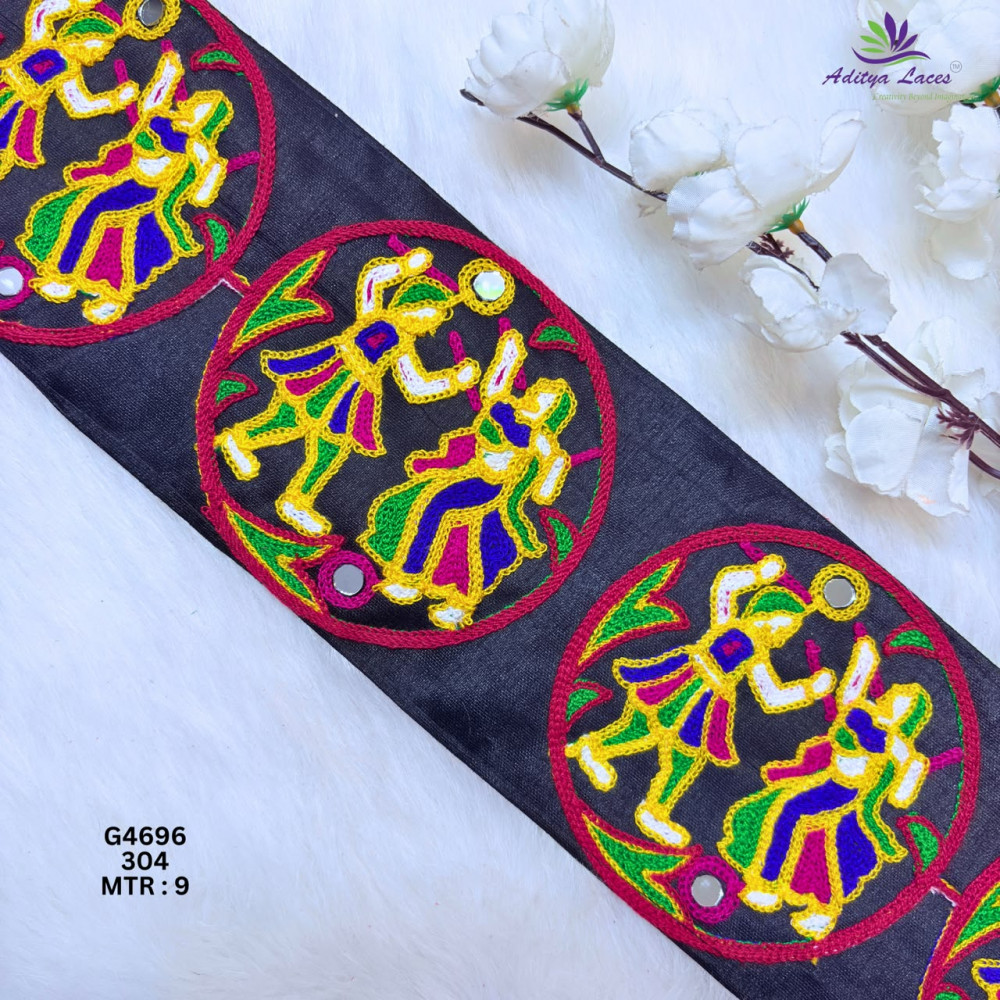 Image of Designer Wide Dandiya Dance Medallion Gamthi Lace Border for Sarees, Blouses &amp; Bridal Ethnic Wear