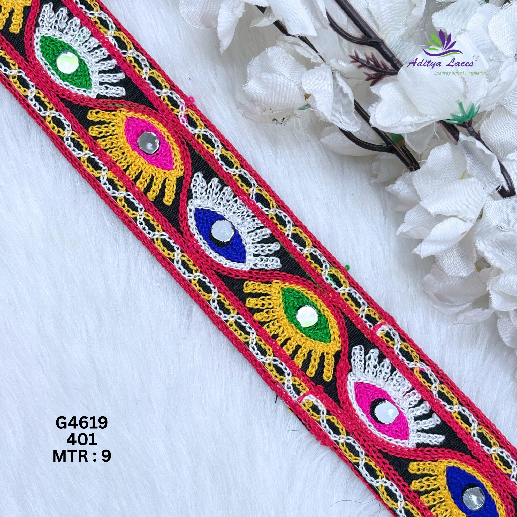 Designer Multicolor Eye Leaf Mirror Gamthi Lace Border for Sarees Blouses  Bridal Ethnic Wear  Kutch Embroidery Trim