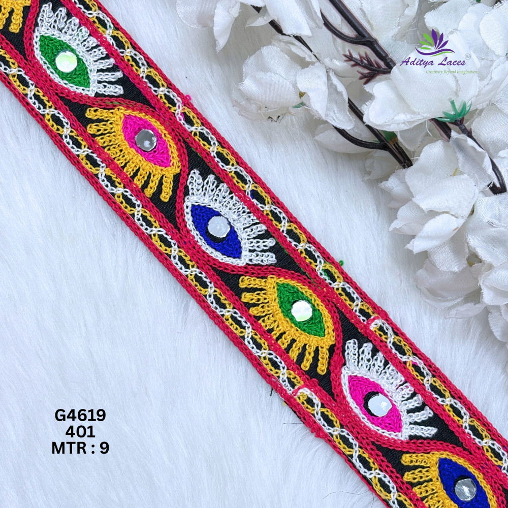 Image of Designer Multicolor Eye Leaf Mirror Gamthi Lace Border for Sarees, Blouses &amp; Bridal Ethnic Wear – Kutch Embroidery Trim