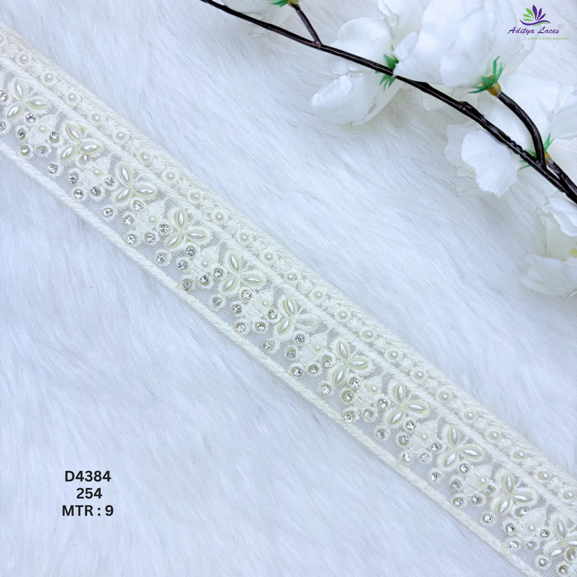 Designer Dyable Handwork Floral Pearl Stone Embroidery Lace Border for Saree Bridal Wear