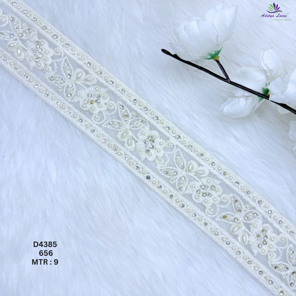 Image of Designer Dyable Handwork Butterfly and Floral Pearl Embroidery Lace Border for Saree &amp; Bridal Wear
