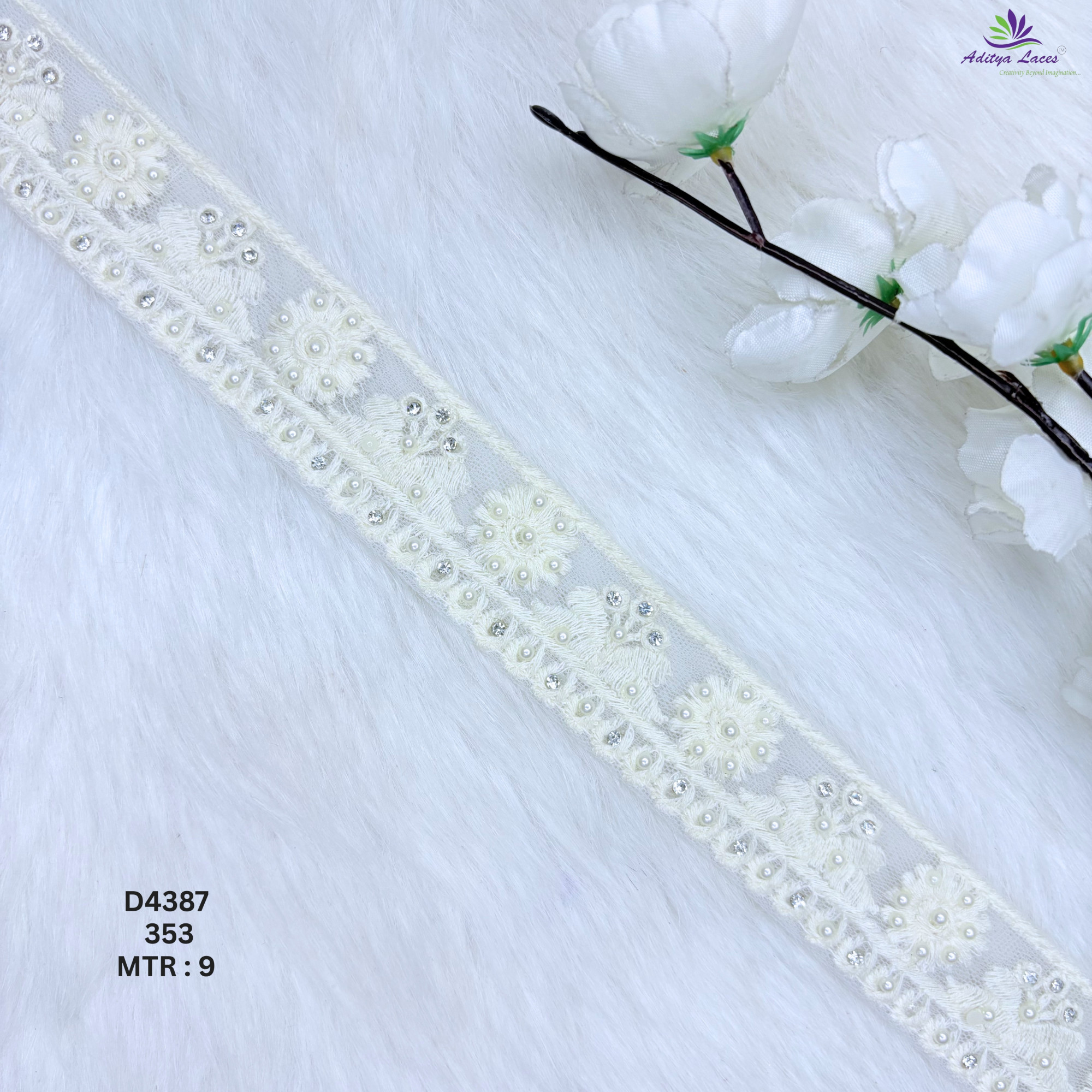 Designer Dyable Handwork Small Floral Pearl Stone Embroidery Lace Border for Sarees Bridal Wear
