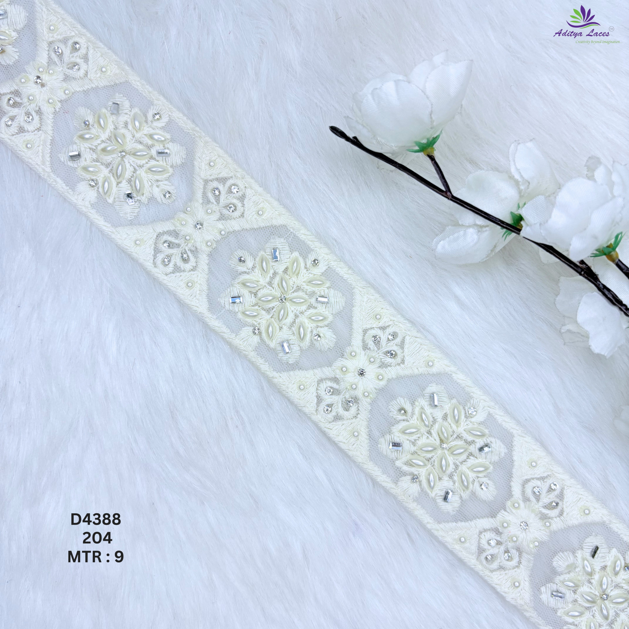 Designer Dyable Handwork Geometric Pearl Stone Embroidery Lace Border for Bridal Sarees and Ethnic Wear