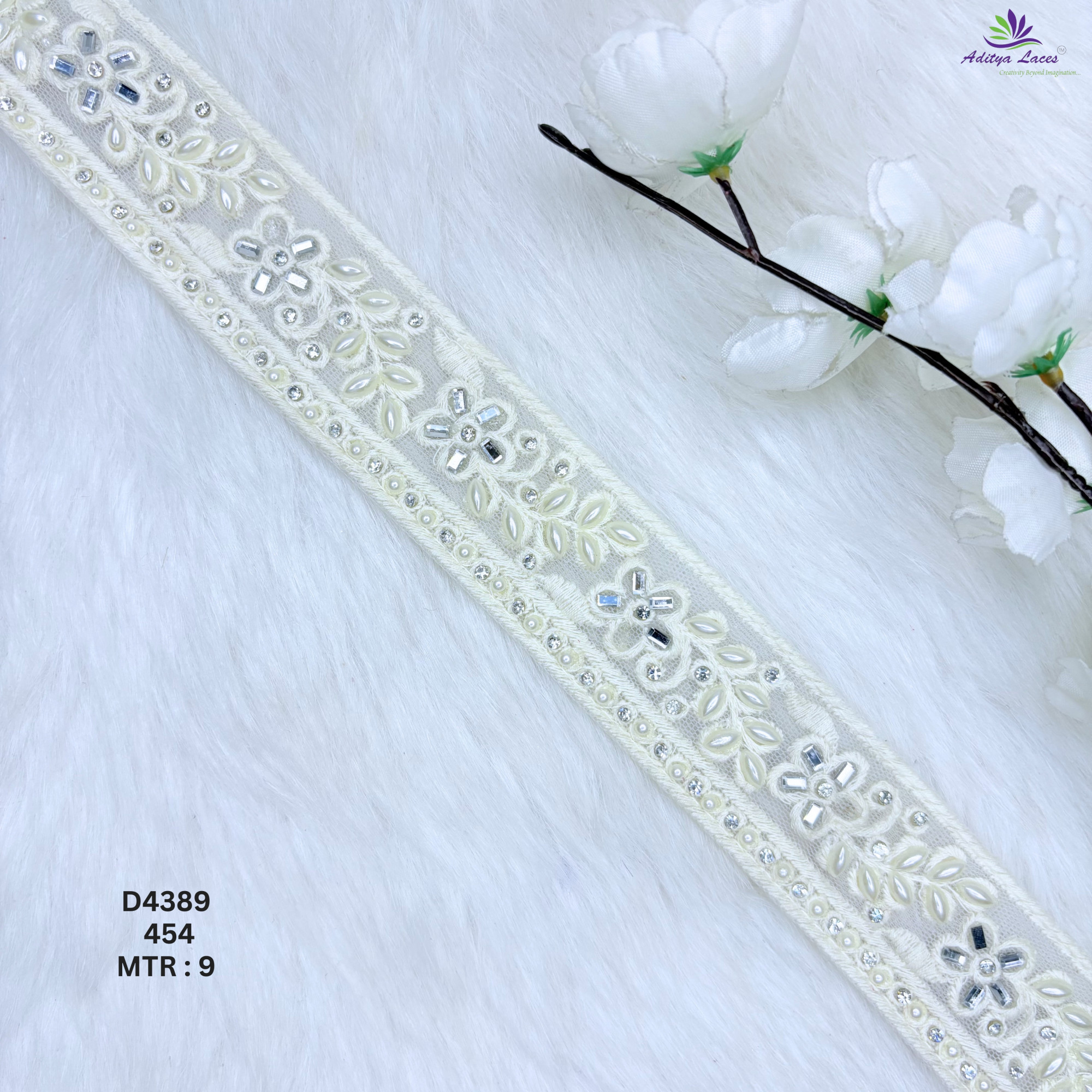 Dyable Handwork Floral Vine Beads Lace Pearl Mirror Stone Embroidery Lace Trim for Saree Borders Bridal Wear Ethnic Fashion