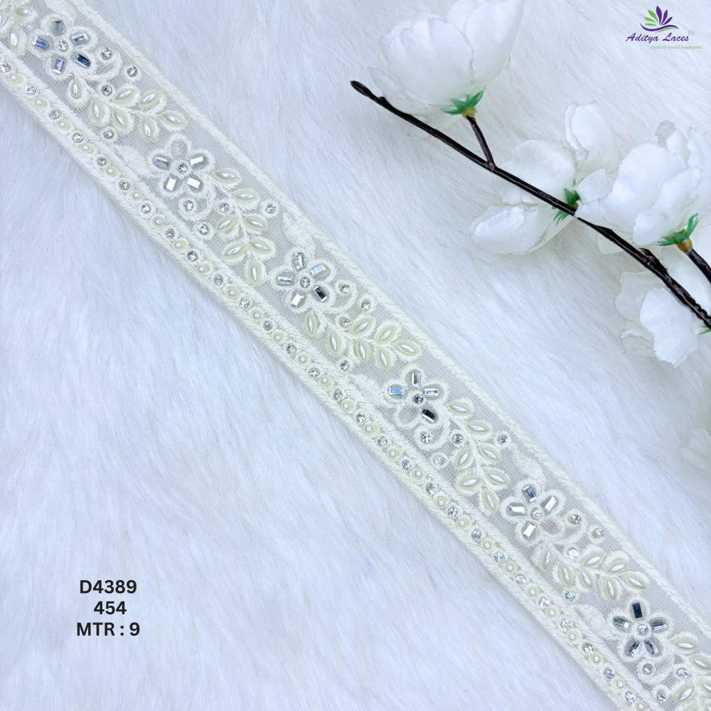 Image of Dyable Handwork Floral Vine Beads Lace | Pearl, Mirror &amp; Stone Embroidery Lace Trim for Saree Borders, Bridal Wear &amp; Ethnic Fashion