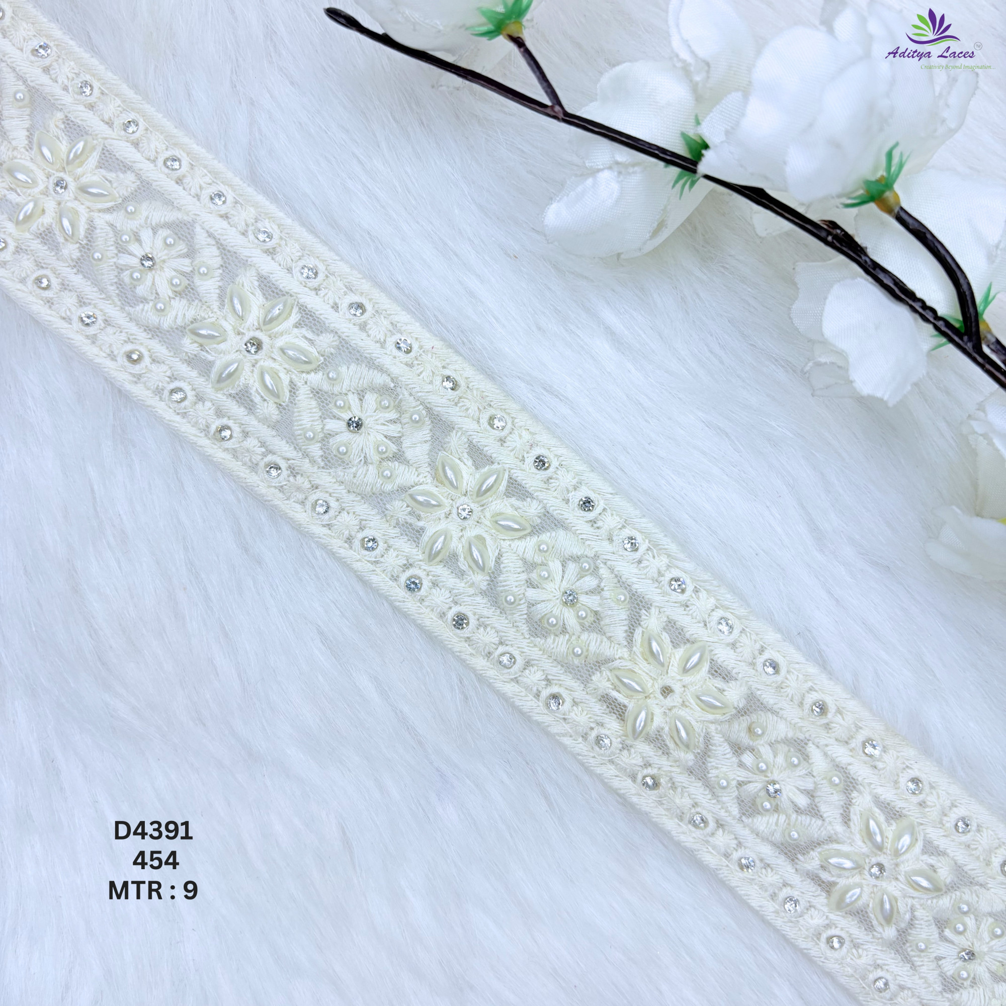 Premium Dyable Handwork Floral Pearl Stone Embroidery Lace Border for Saree Bridal Wea