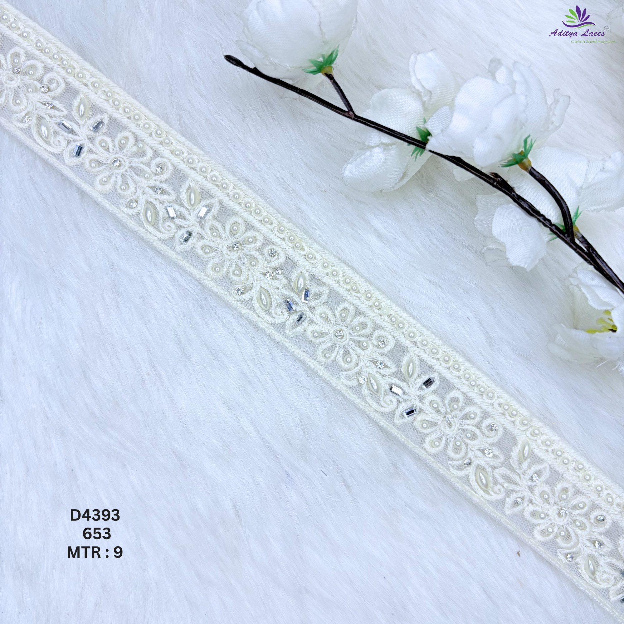Dyable Handwork Floral Vine Beads Lace Pearl Mirror Stone Embroidery Lace Trim for Saree Borders Bridal Wear Ethnic Garments