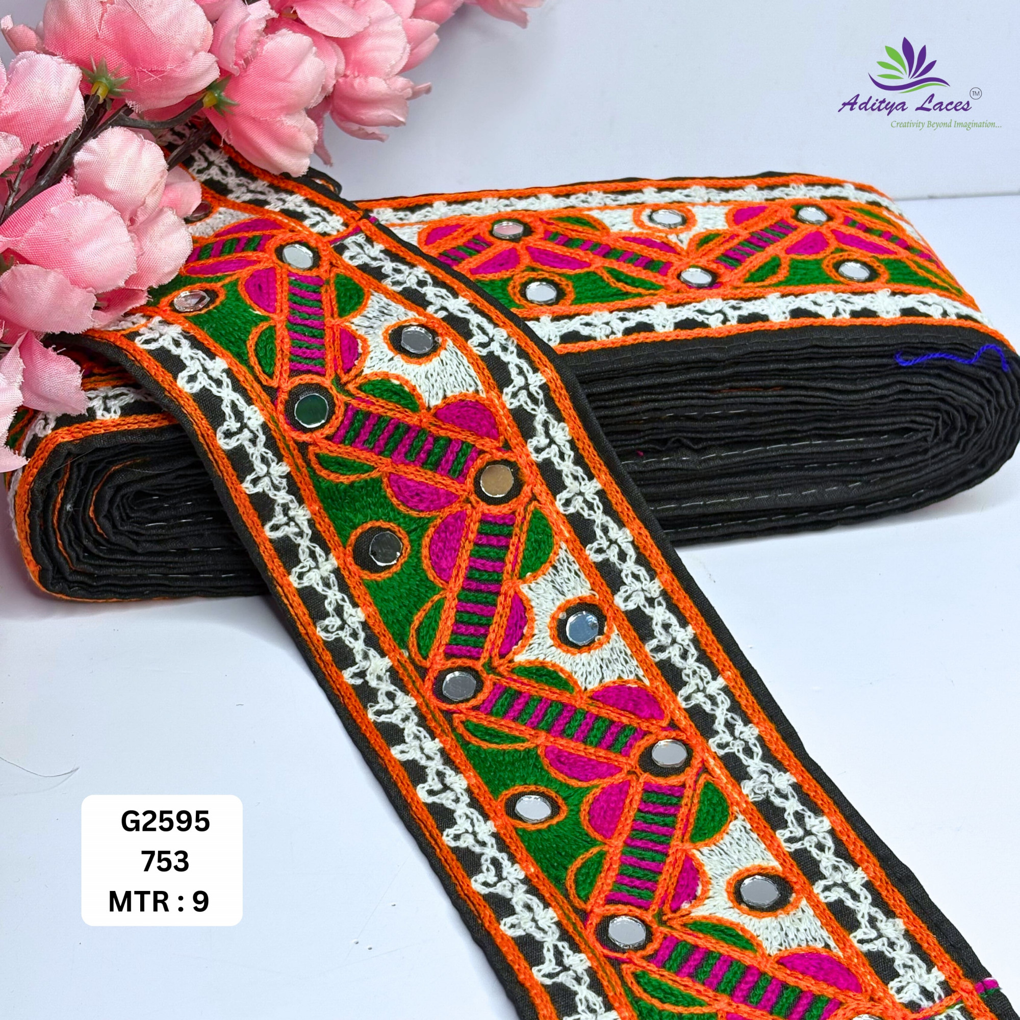 Vibrant Multi-Color Gamthi Mirror Work Lace Trim Designer Saree Border Ethnic Garment Accessory