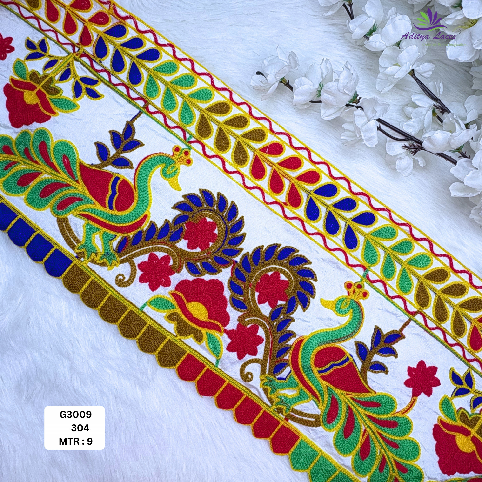 Premium Multicolor Gamthi Embroidery Lace G3009 with Peacock Floral Design Designer Saree Border Ethnic Fashion Trim Garment Accessories