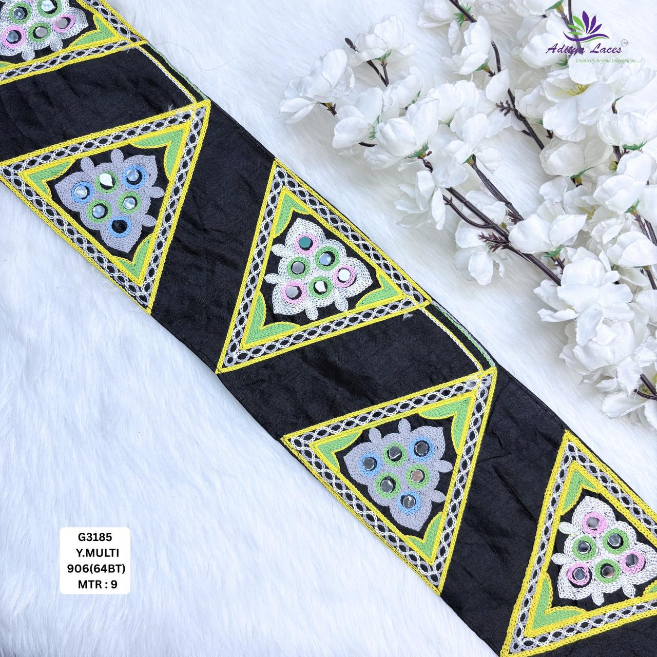 Geometric Mirror Work Embroidery Lace Designer Triangle Lace Trim Black Blue Saree Borders Ethnic Fashion Decorative Trims
