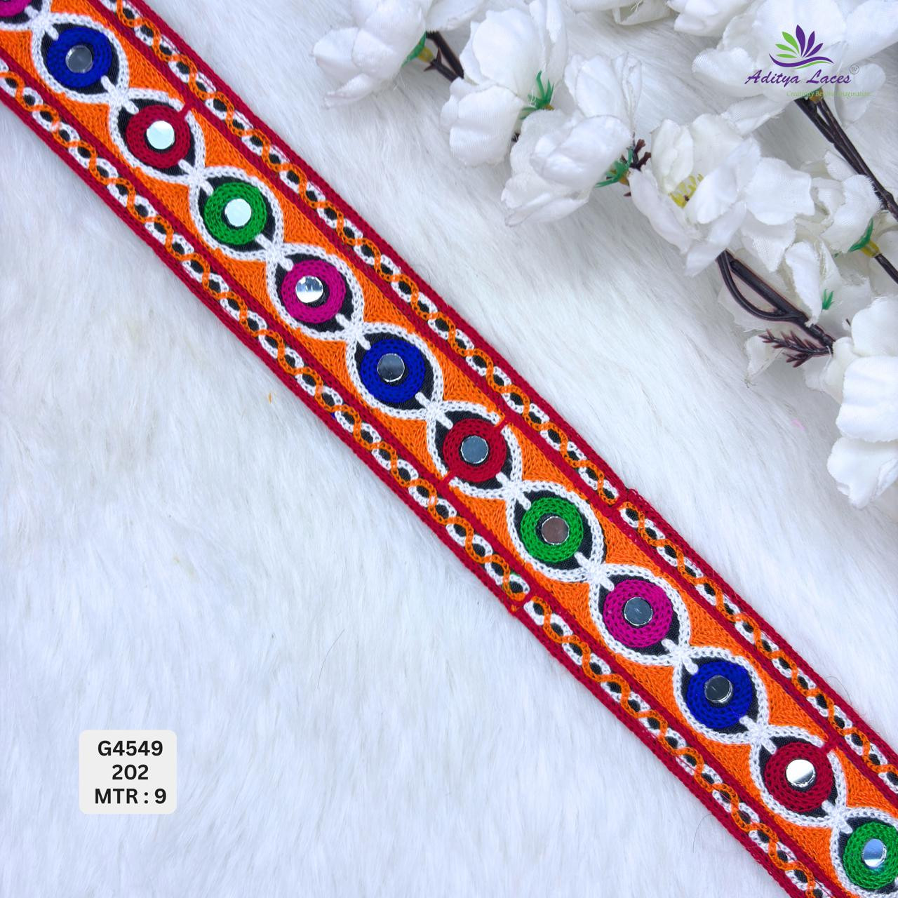 Traditional Gamthi Multicolor Mirror Work Lace Border for Ethnic Sarees Fusion Bridal Wear Bold Circular Motif Embroidery Trim