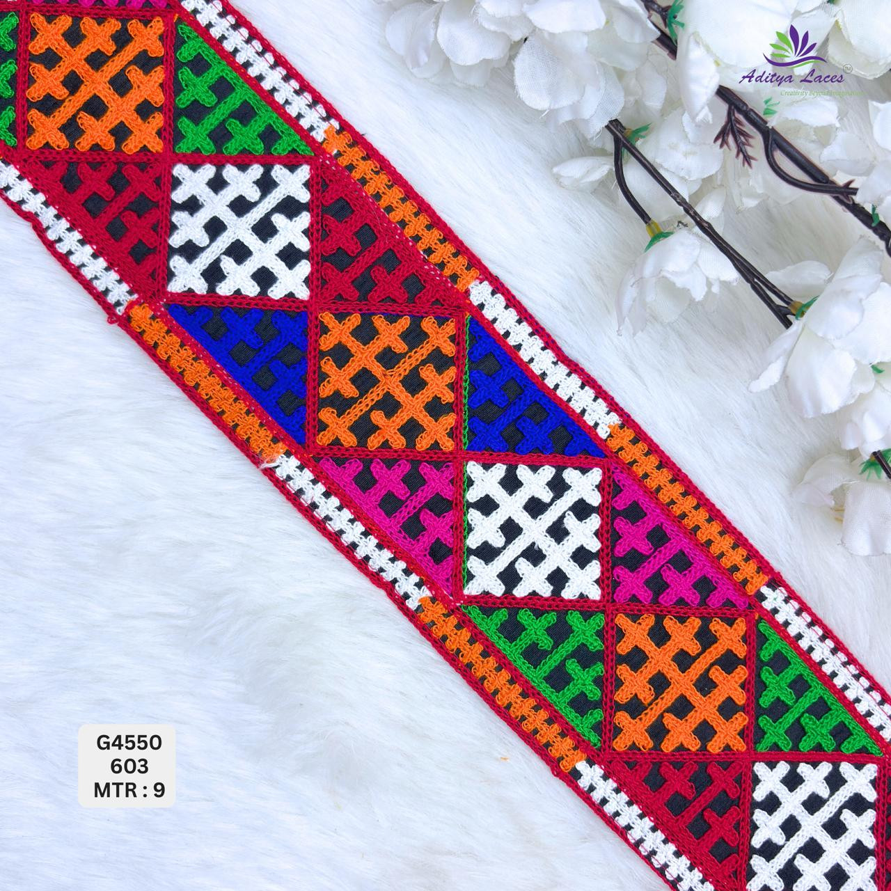 Traditional Gamthi Geometric Cross-Hatch Lace Border for Ethnic Sarees  Fusion Bridal Wear  Multicolor Patchwork Embroidery Trim