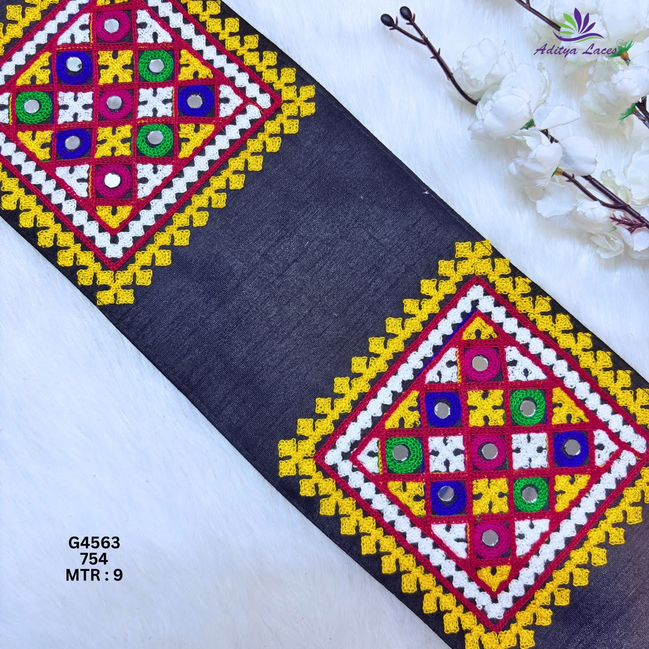 Designer Wide Multicolor Diamond Butta Mirror Gamthi Lace Patch for Sarees Ethnic Wear Traditional Embroidery Trim