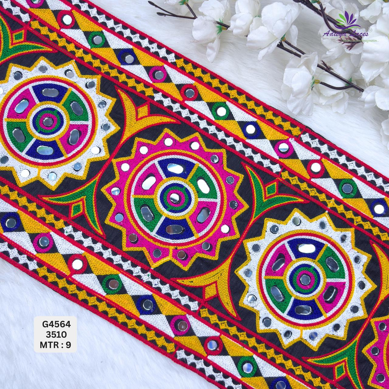 Designer Multicolor Gamthi Circular Sunburst Mirror Work Lace Border for Sarees Ethnic Wear Traditional Kutch Embroidery Trim