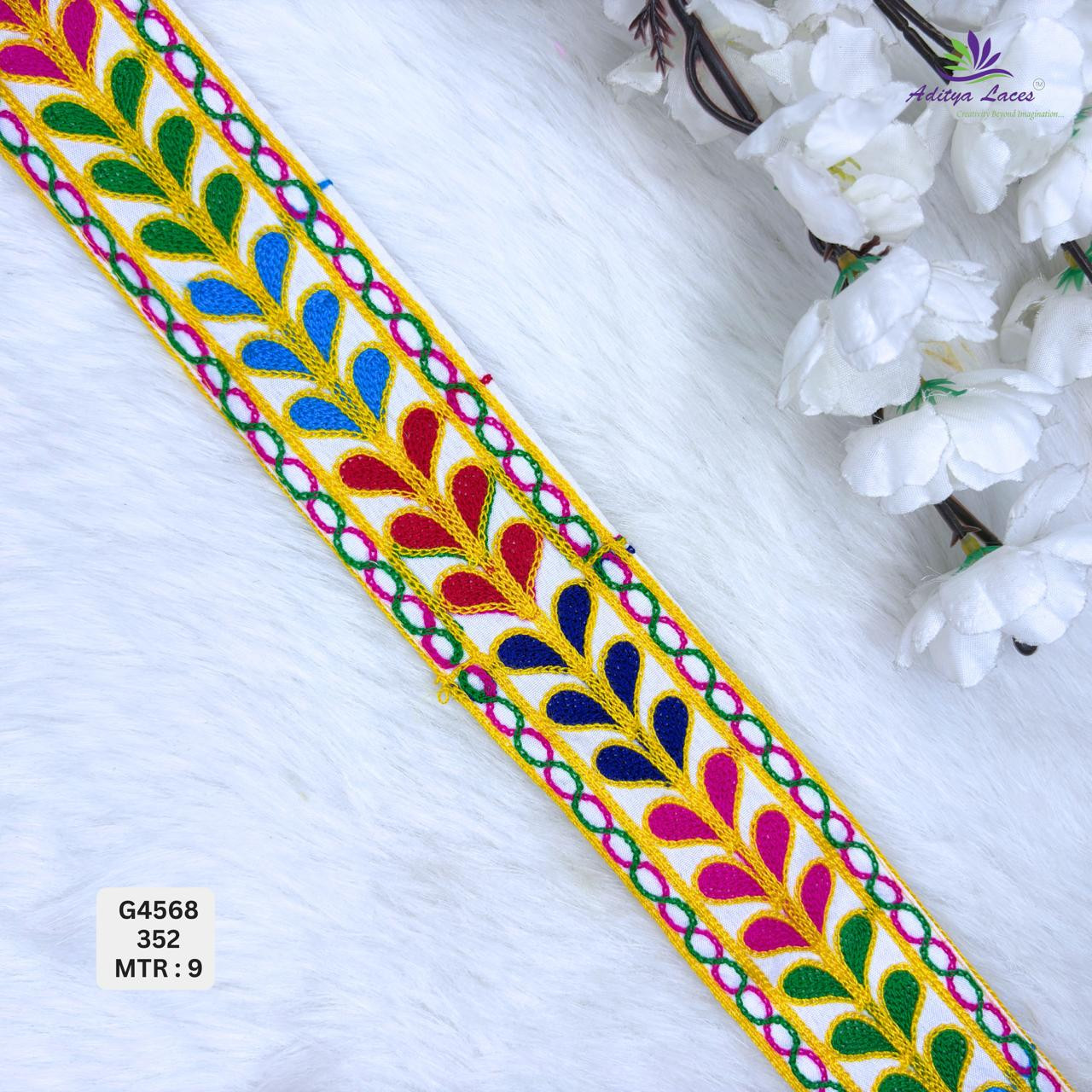 Designer Multicolor Leaf Vine Gamthi Embroidery Lace Border for Sarees Ethnic Wear Traditional Fashion Trim