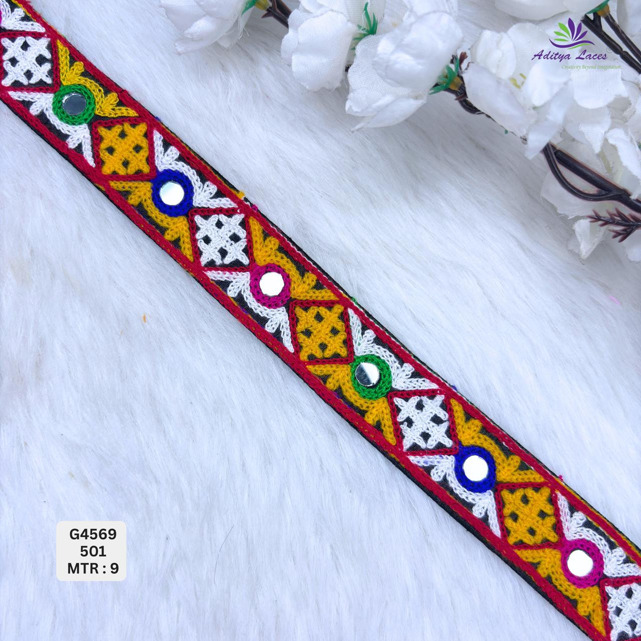 Designer Multicolor Geometric Mirror Work Gamthi Lace Border for Sarees Ethnic Wear Traditional Kutch Fashion Trim