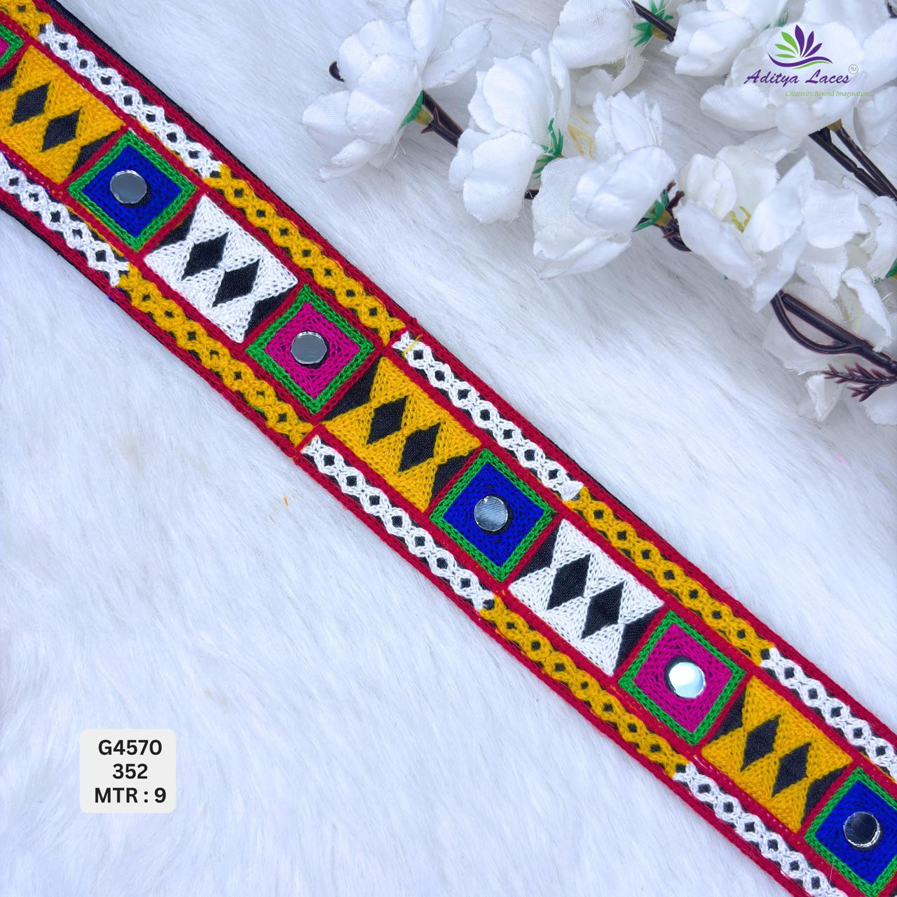 Designer Multicolor Geometric Square Mirror Diamond Gamthi Lace Border for Sarees Ethnic Wear Traditional Fashion Trim