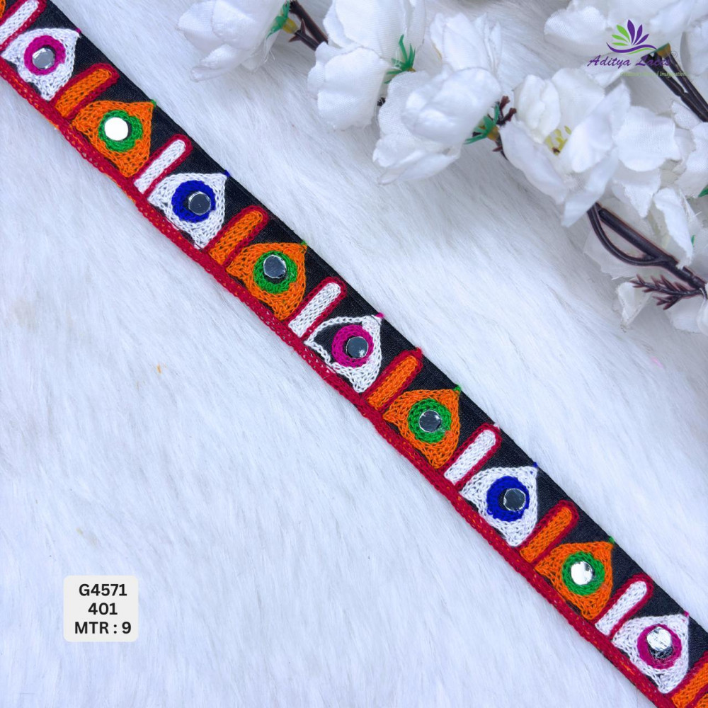 Image of Designer Narrow Multicolor Triangle Mirror Gamthi Lace Border for Sarees, Blouses &amp; Ethnic Wear – Traditional Fashion Trim