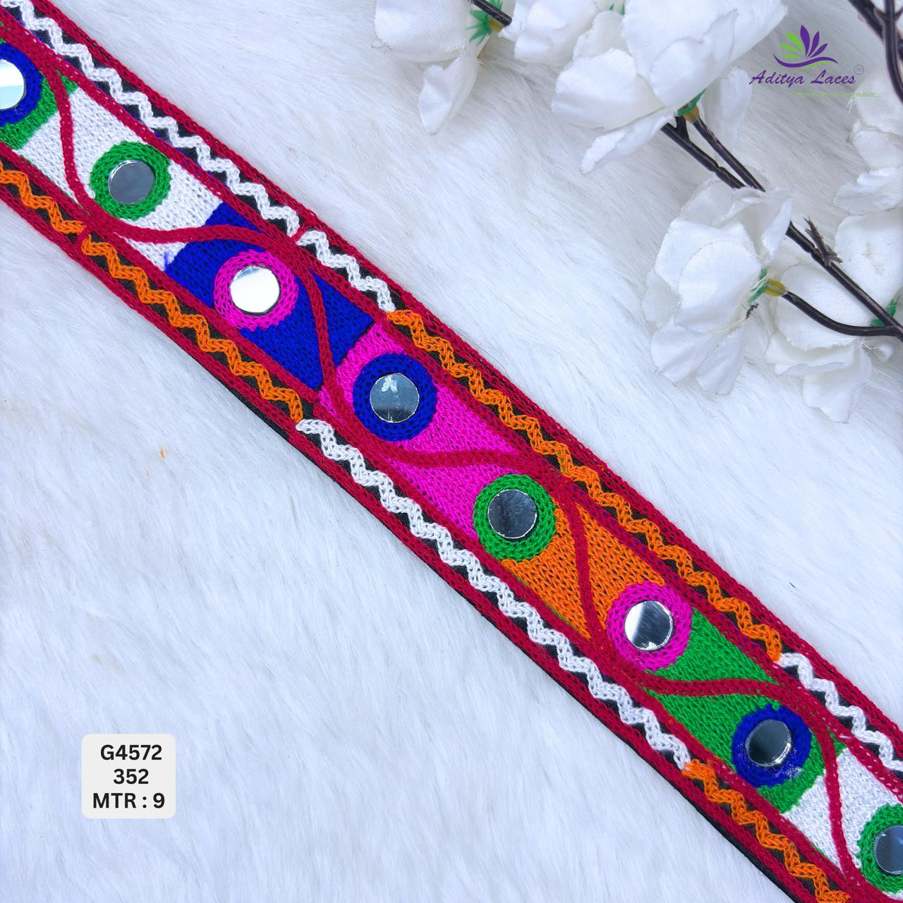 Designer Multicolor Mirror Work Gamthi Lace Border for Sarees Blouses Ethnic Wear Traditional Kutch Fashion Trim