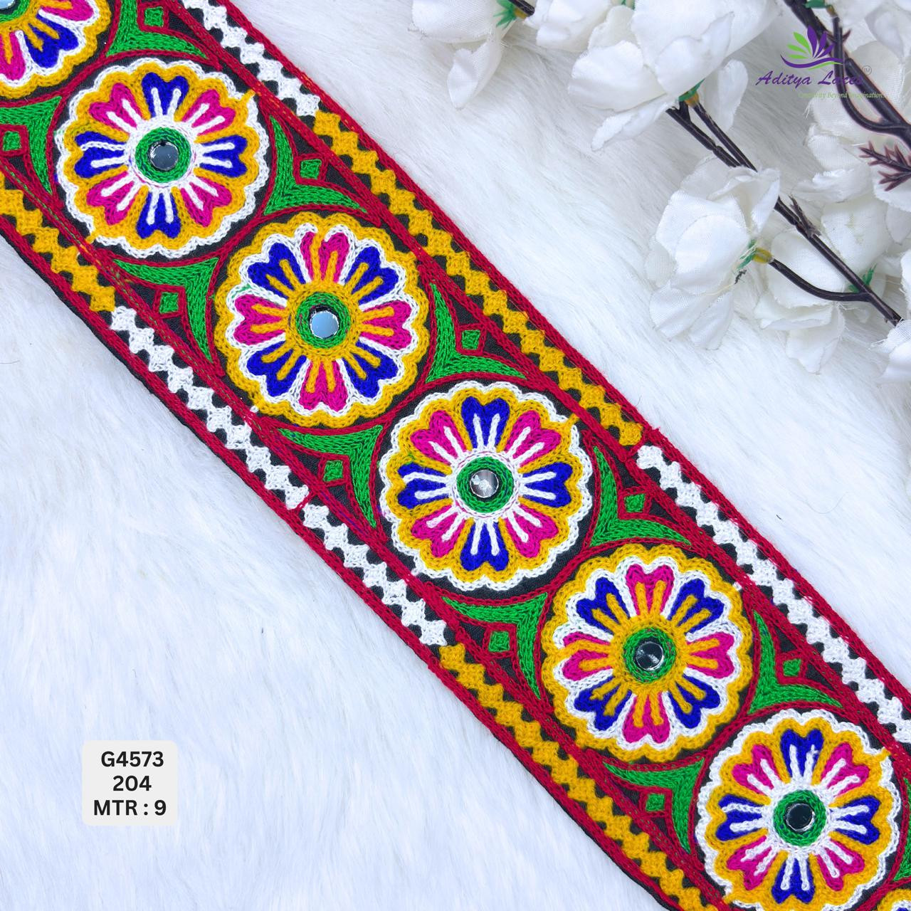 Designer Multicolor Circular Floral Gamthi Embroidery Lace Border with Mirror Work for Sarees  Ethnic Wear  Traditional Fashion Trim