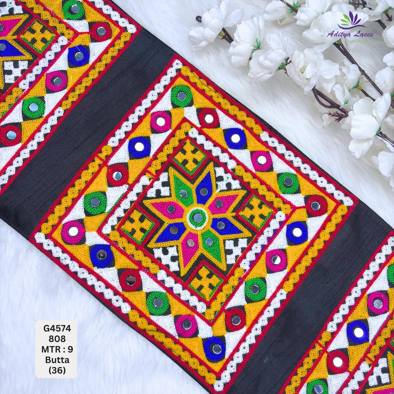 Designer Multicolor Square Butta Star Mirror Gamthi Lace Patch for Sarees  Ethnic Wear  Traditional Kutch Embroidery Trim