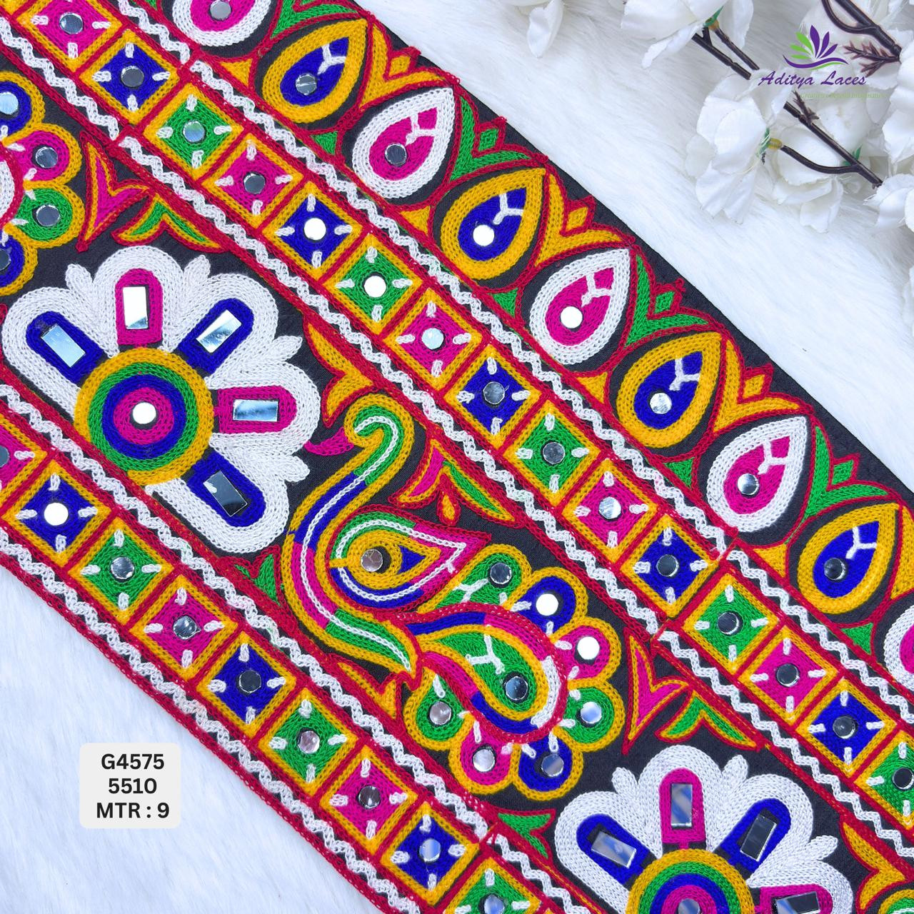 Designer Wide Peacock Motif Mirror Gamthi Lace Border for Sarees Ethnic Wear Traditional Kutch Embroidery Trim