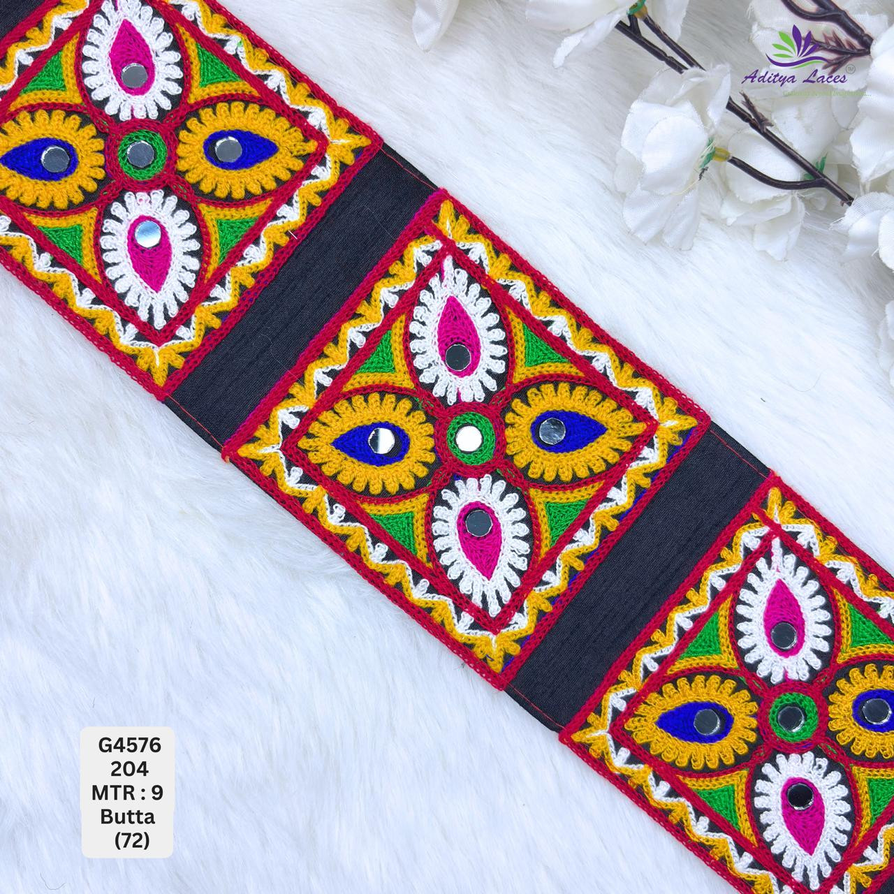 Designer Multicolor Geometric Butta Gamthi Mirror Work Lace Border for Sarees  Ethnic Wear