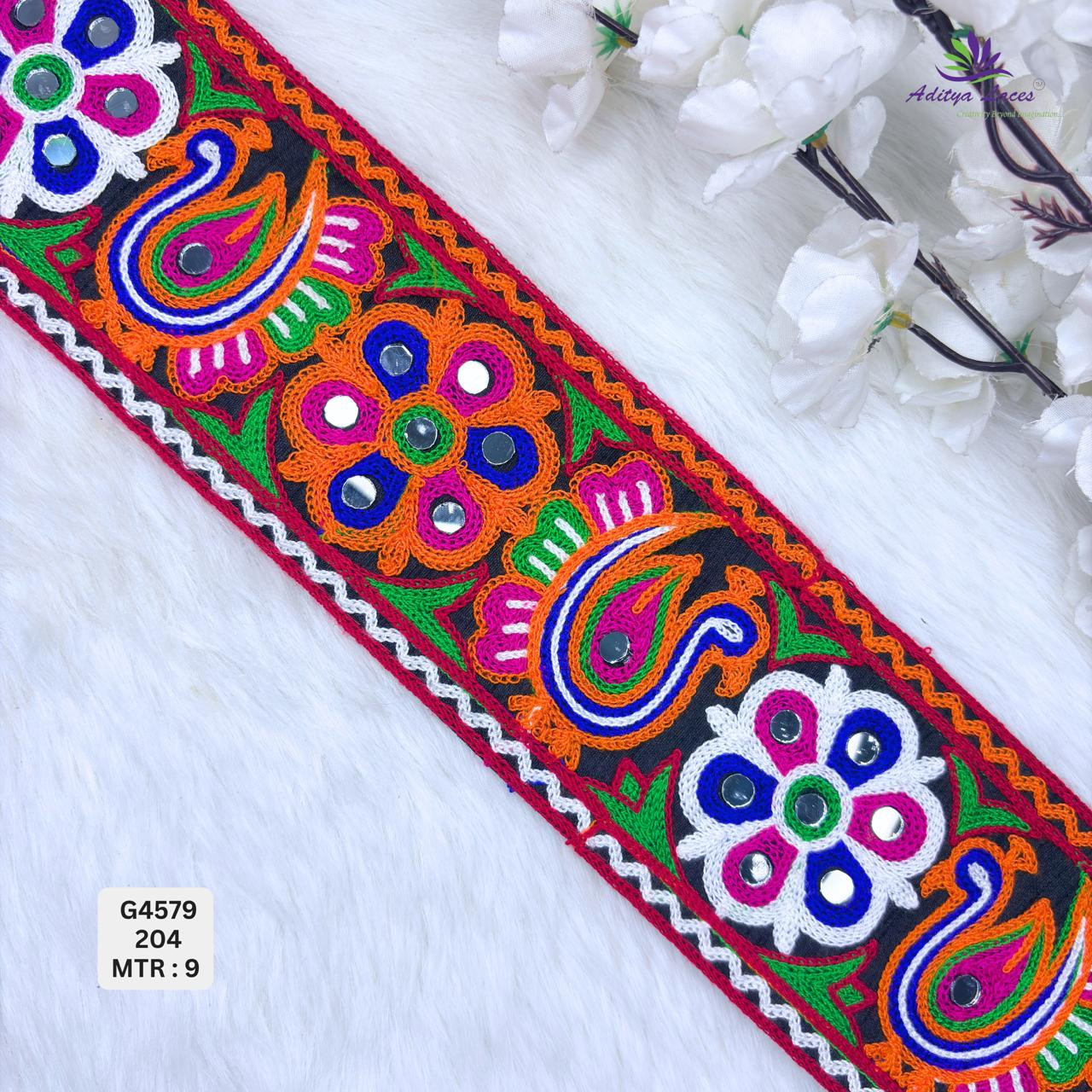 Designer Multicolor Peacock Floral Gamthi Embroidery Lace Border for Sarees Blouses  Ethnic Wear  Traditional Kutch Fashion Trim