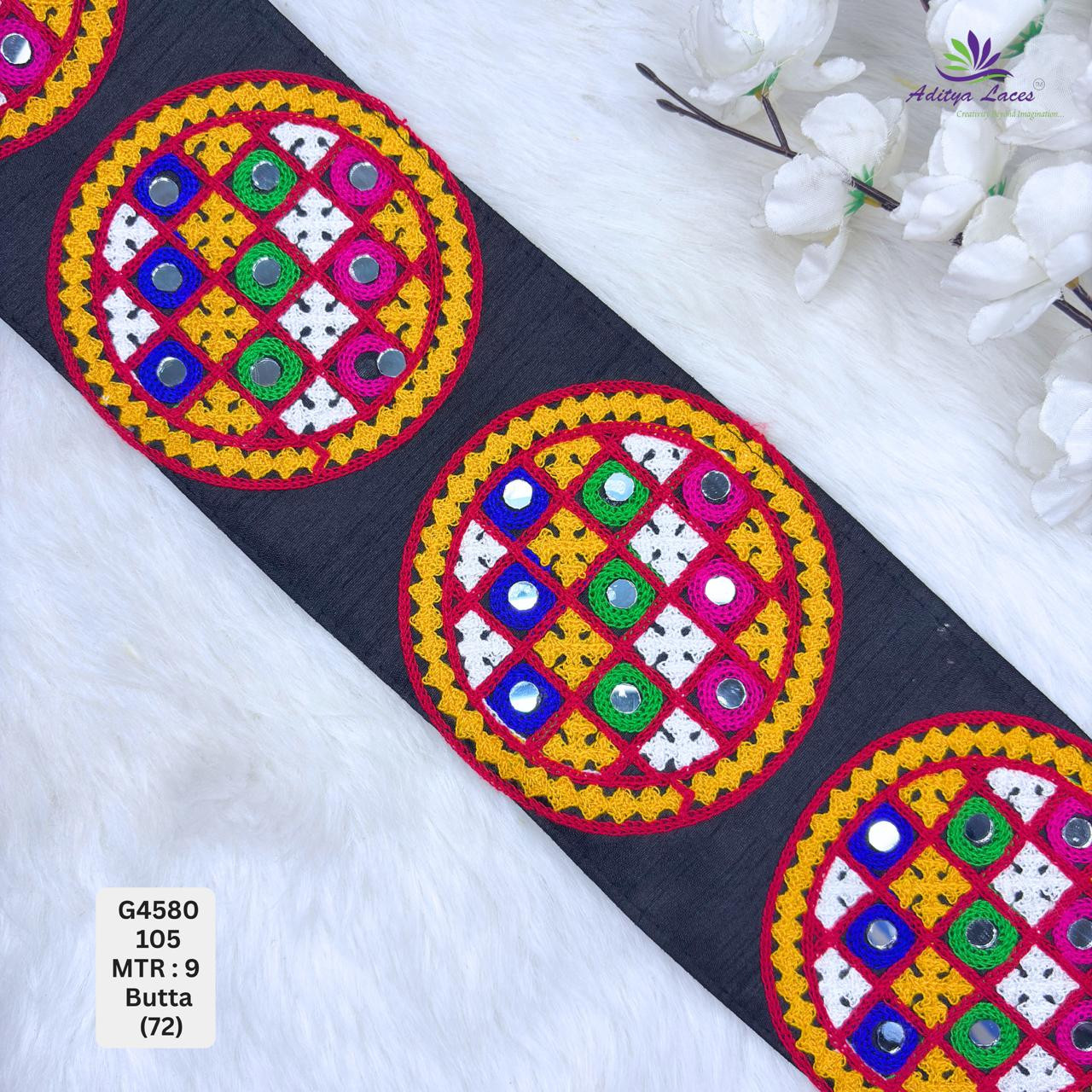Designer Multicolor Circular Butta Mirror Gamthi Lace Border for Sarees Blouses Ethnic Wear Traditional Kutch Embroidery Trim