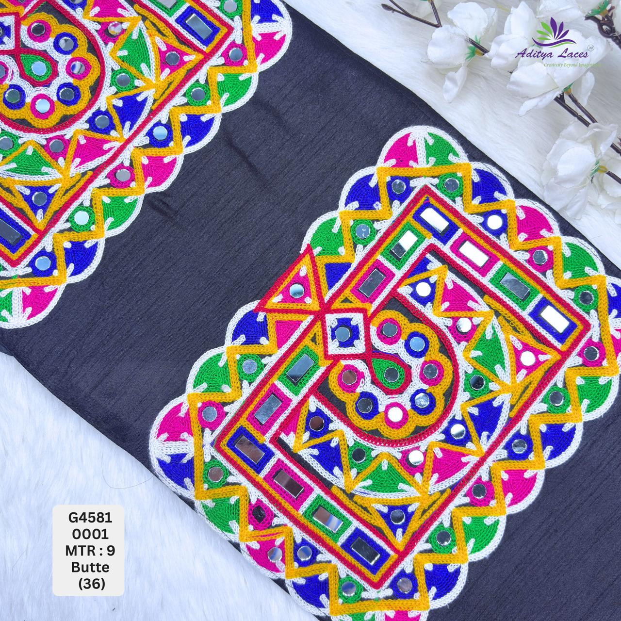 Designer Large Square Butta Mirror Gamthi Lace Patch for Sarees Blouses  Ethnic Wear  Heavy Kutch Embroidery Trim