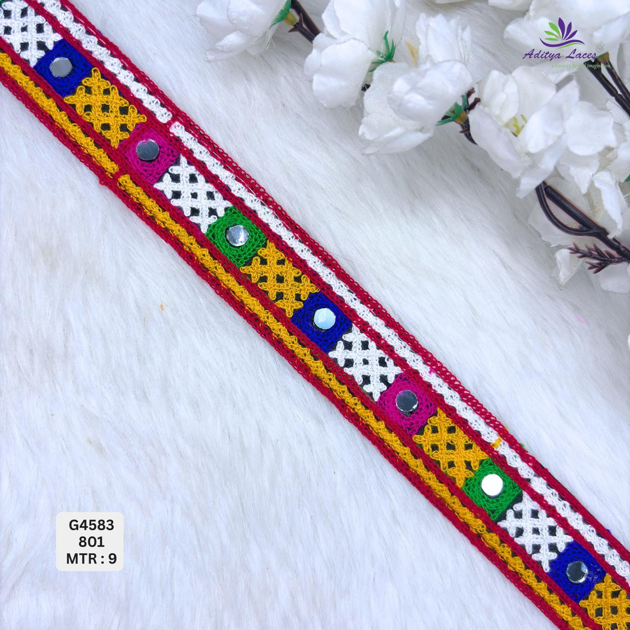 Designer Multicolor Geometric Cross Stitch Mirror Gamthi Lace Border for Sarees Ethnic Wear Traditional Fashion Trim