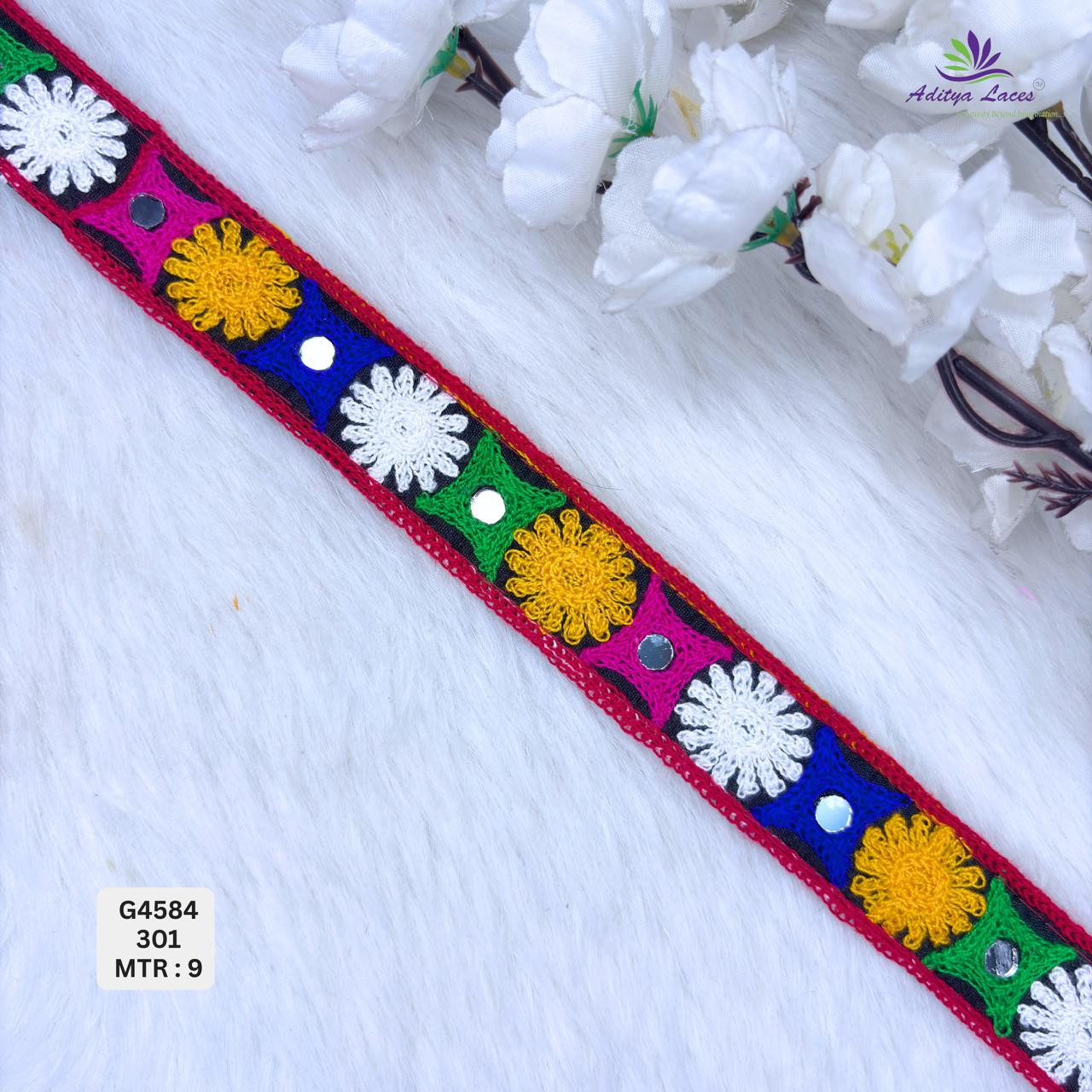 Designer Multicolor Floral Geometric Mirror Gamthi Lace Border for Sarees Ethnic Wear Traditional Fashion Trim