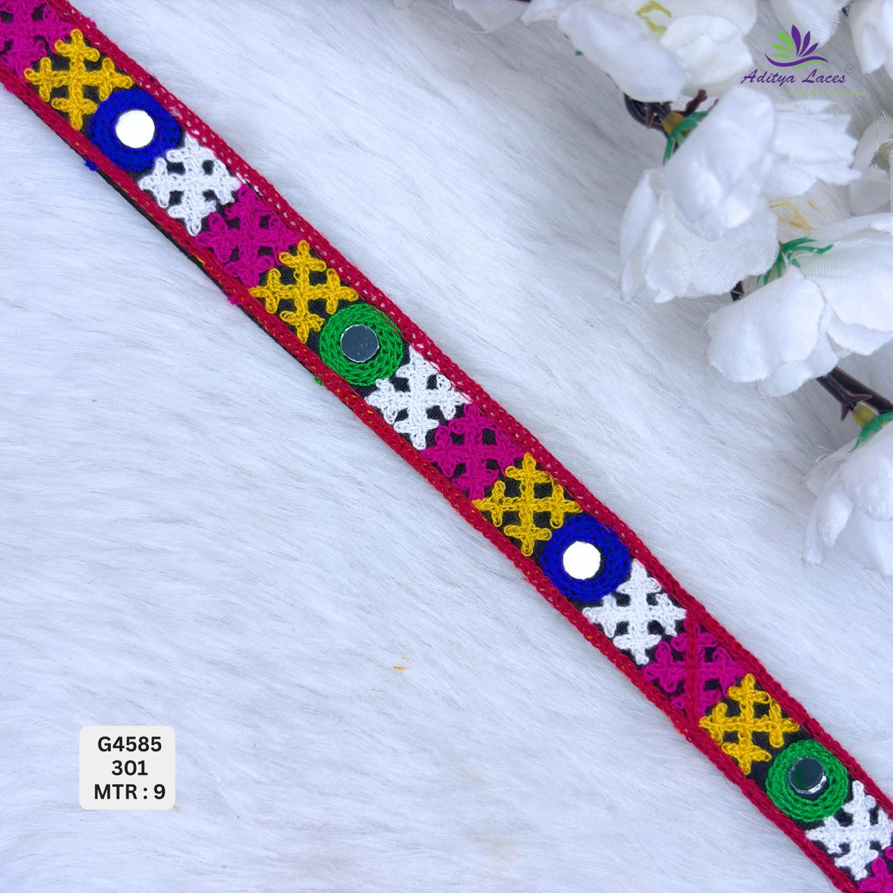 Designer Narrow Multicolor Cross-Stitch Mirror Gamthi Lace Border for Sarees Ethnic Wear Traditional Fashion Trim
