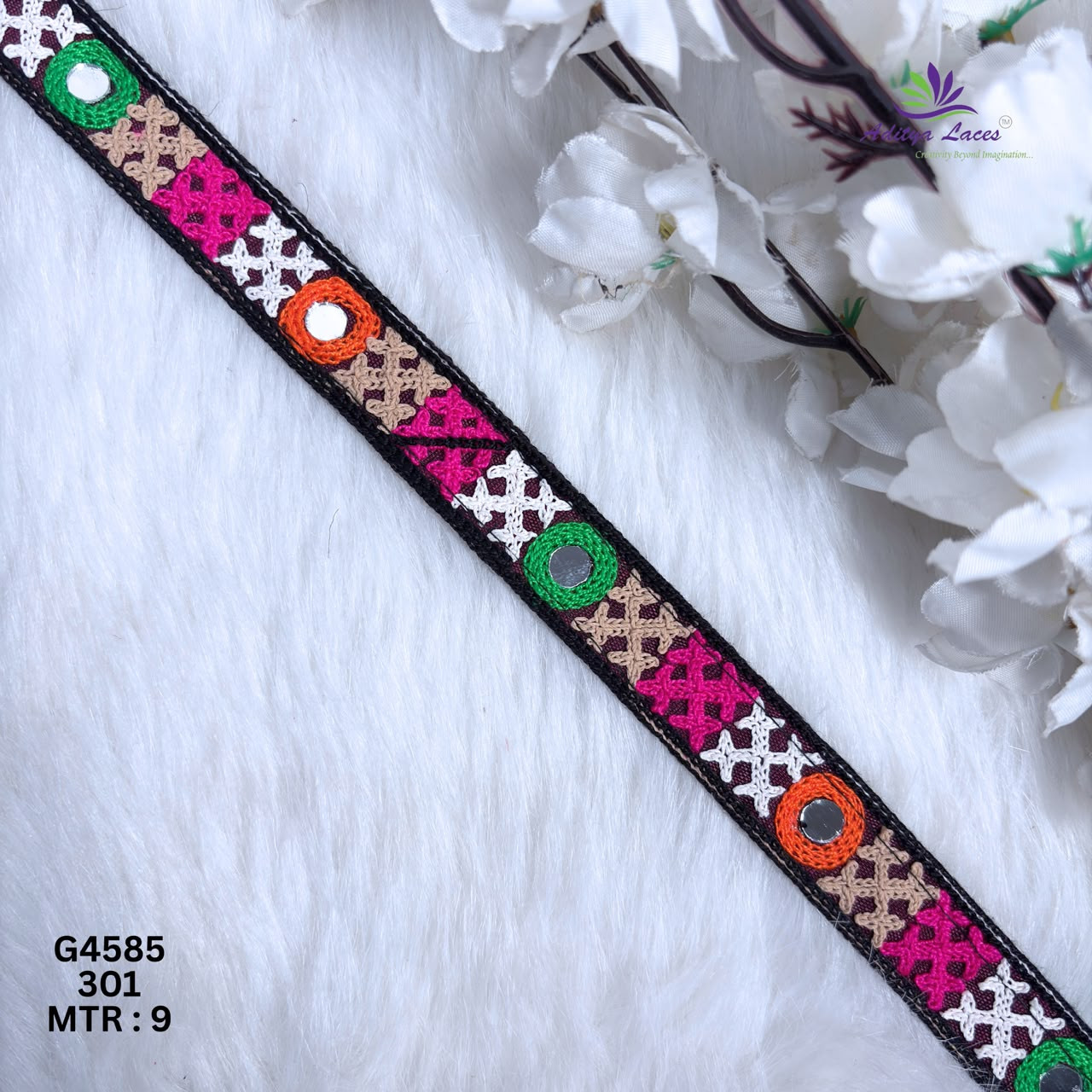 Designer Narrow Multicolor Cross-Stitch Mirror Gamthi Lace Border for Sarees Ethnic Wear Traditional Fashion Trim