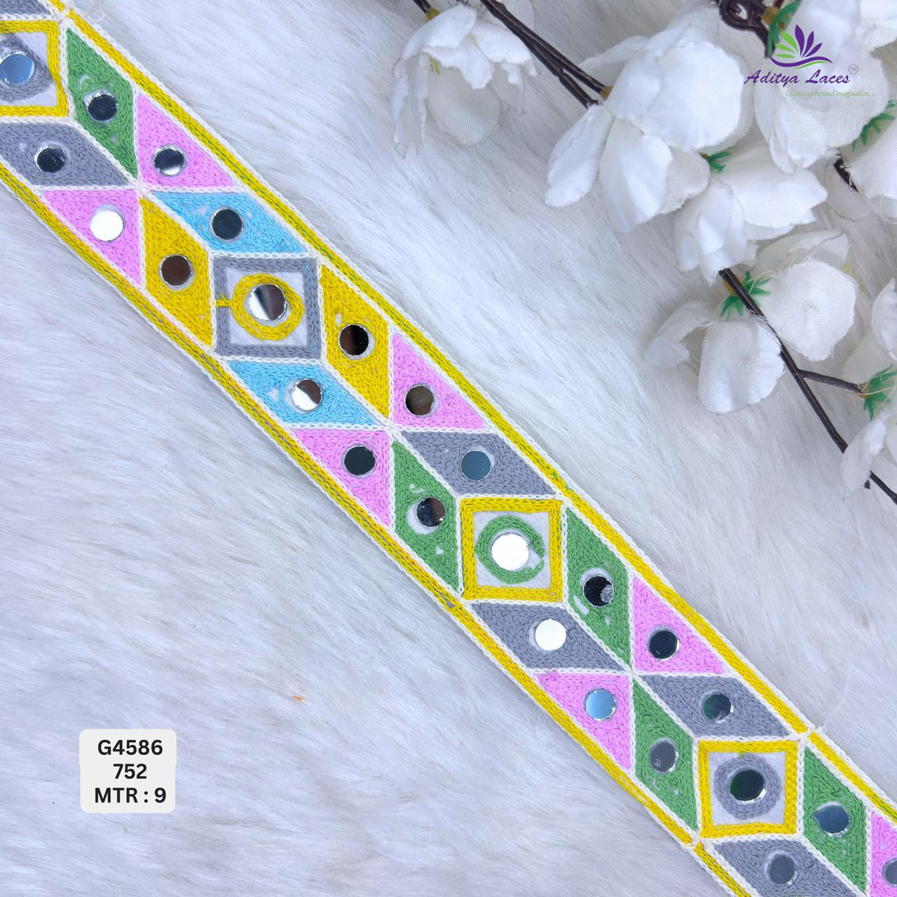 Designer Multicolor Diamond Geometric Mirror Gamthi Lace Border for Sarees Ethnic Wear Traditional Fashion Trim