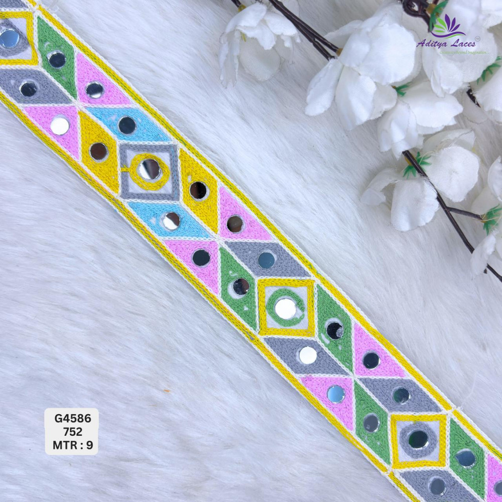Image of Designer Multicolor Diamond Geometric Mirror Gamthi Lace Border for Sarees &amp; Ethnic Wear – Traditional Fashion Trim