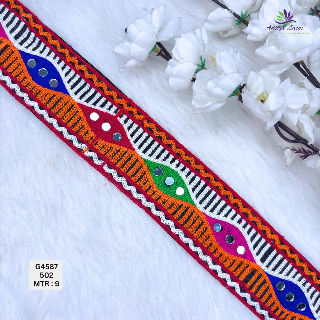 Designer Multicolor Geometric Wave Mirror Gamthi Lace Border for Sarees Ethnic Wear Traditional Embroidery Trim