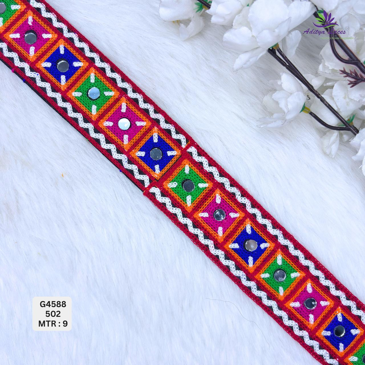 Designer Multicolor Geometric Square Mirror Gamthi Lace Border for Sarees Ethnic Wear Traditional Fashion Trim