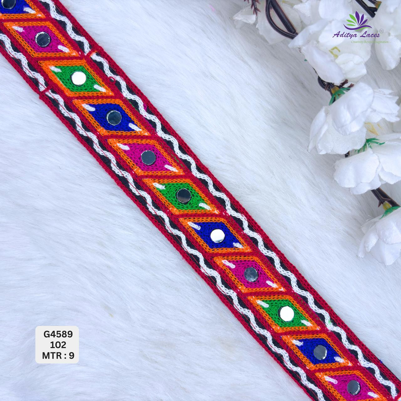 Designer Multicolor Geometric Diamond Mirror Gamthi Lace Border for Sarees Ethnic Wear Traditional Zig-Zag Fashion Trim