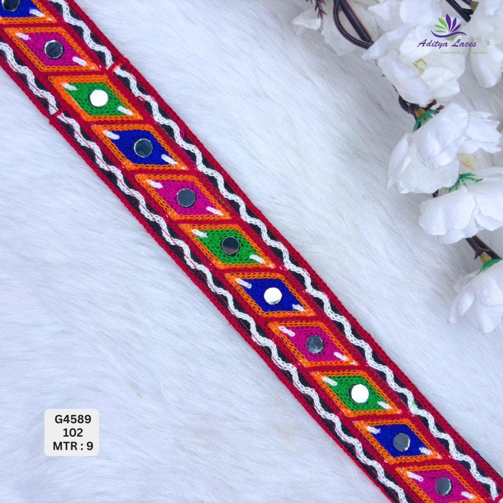 Image of Designer Multicolor Geometric Diamond Mirror Gamthi Lace Border for Sarees &amp; Ethnic Wear – Traditional Zig-Zag Fashion Trim