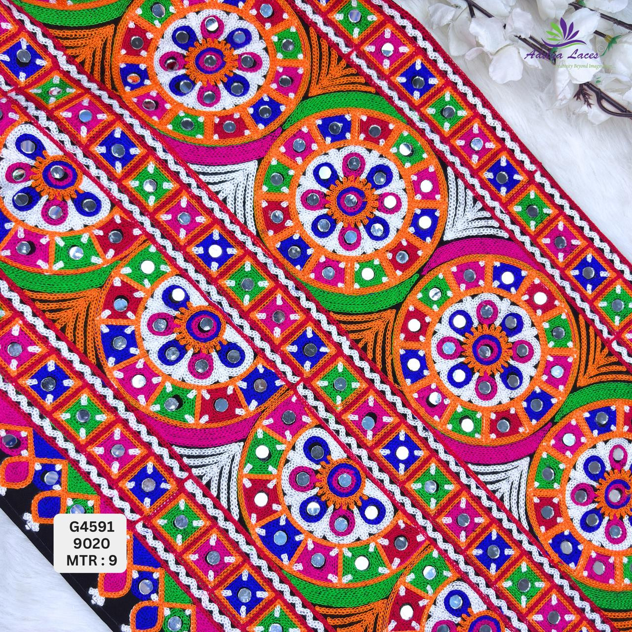 Designer Wide Multicolor Mandala Mirror Gamthi Lace Border for Sarees Ethnic Wear Heavy Kutch Embroidery Trim