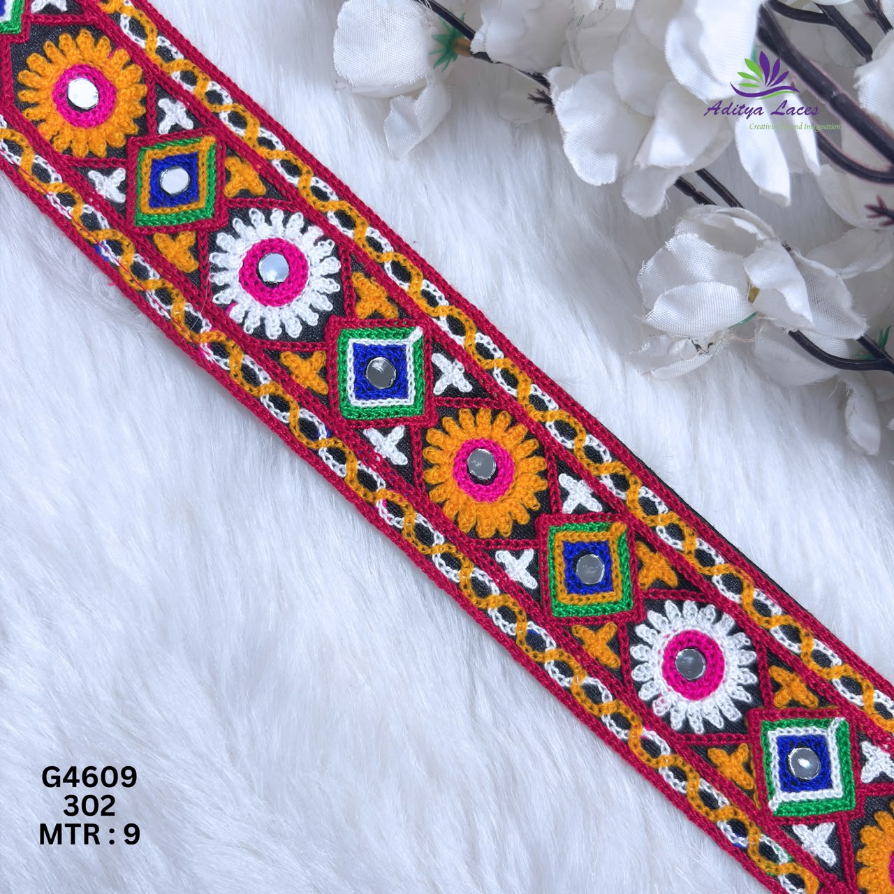 Designer Multicolor Floral Diamond Mirror Gamthi Lace Border for Sarees Ethnic Fashion Embroidery Fabric Embellishments