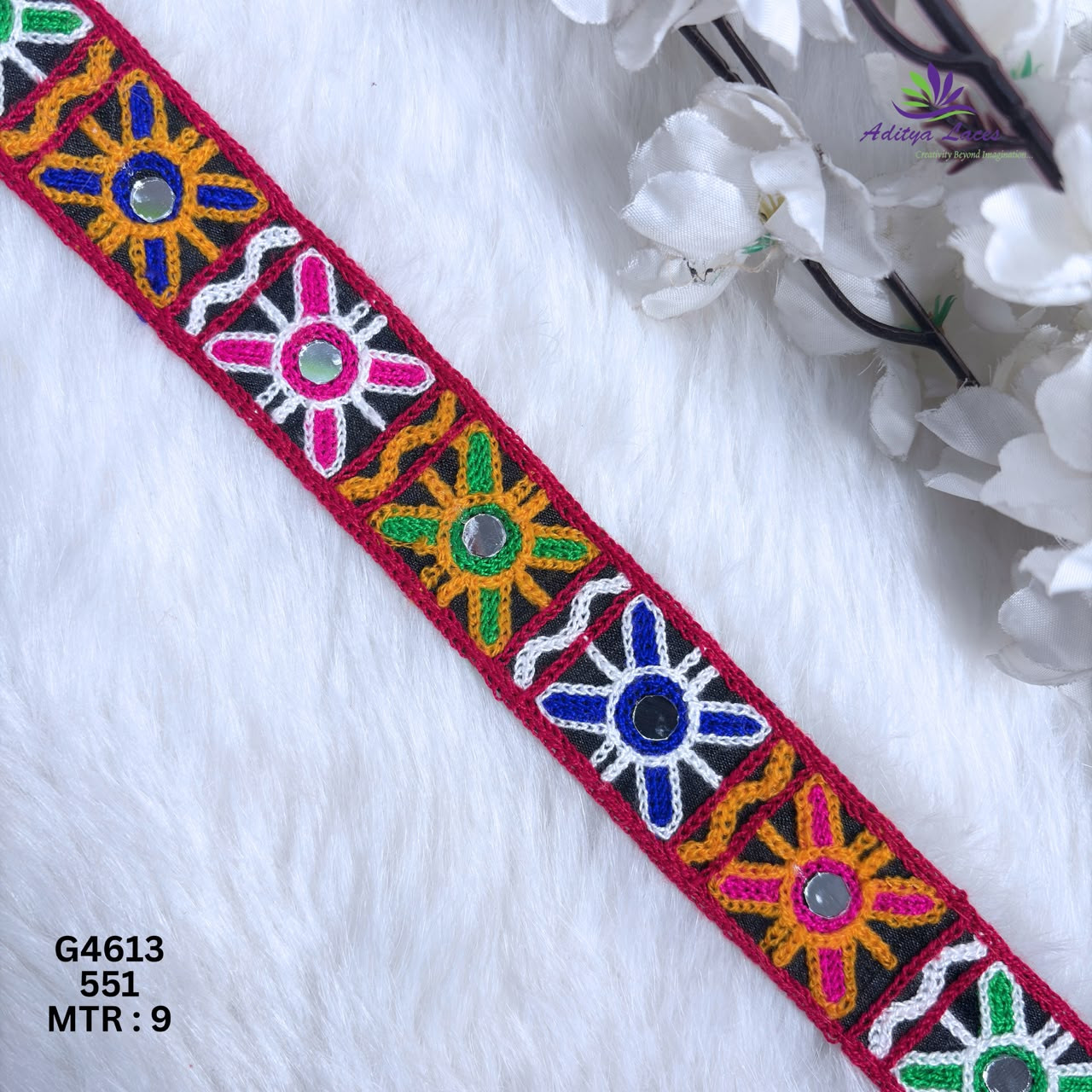 Designer Narrow Floral Mirror Gamthi Lace Border for Sarees Blouses Bridal Ethnic Wear Multicolor Kutch Trim