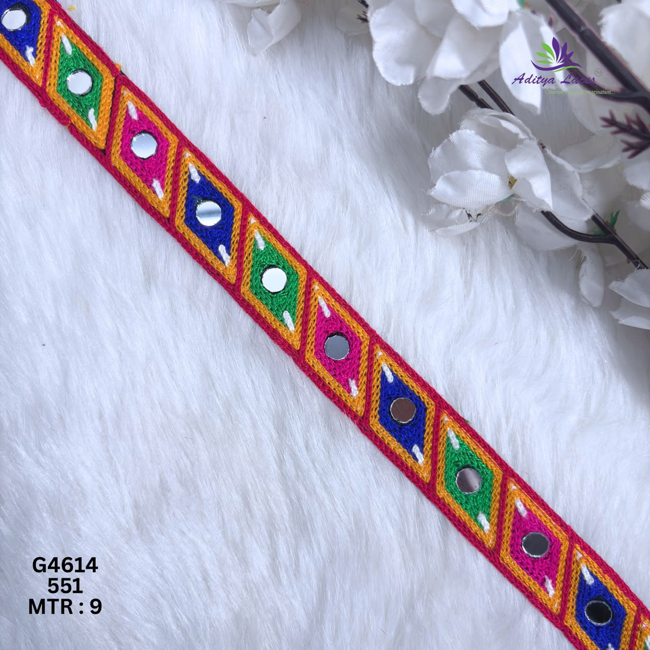 Designer Multicolor Geometric Diamond Mirror Gamthi Lace Border for Sarees Ethnic Fashion Embroidery Trim