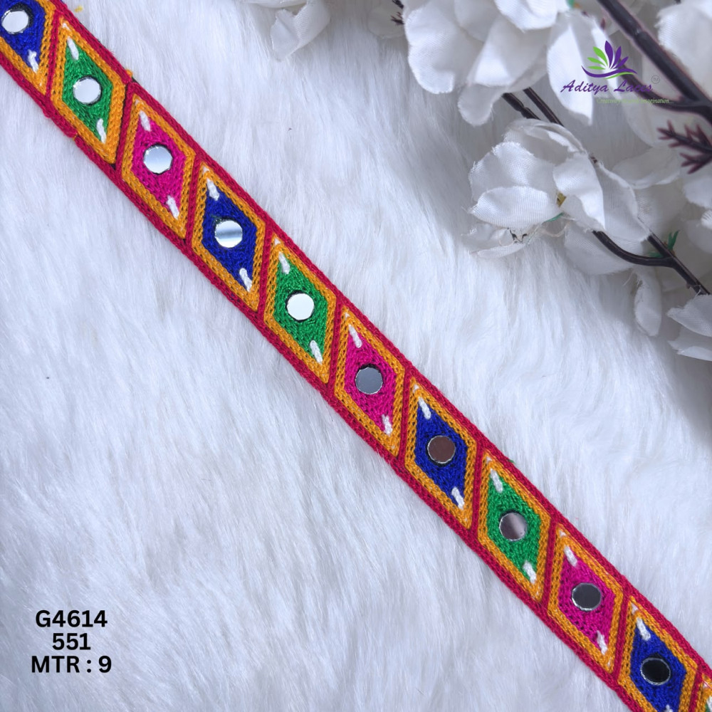 Image of Designer Multicolor Geometric Diamond Mirror Gamthi Lace Border for Sarees &amp; Ethnic Fashion – Embroidery Trim