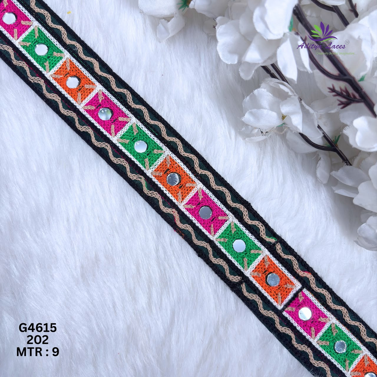 Designer Multicolor Square Mirror Gamthi Lace Border for Sarees Ethnic Wear Wavy Embroidery Trim