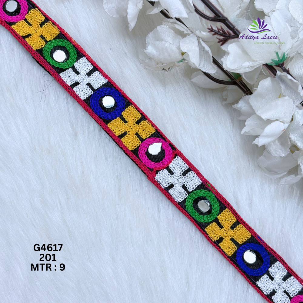 Image of Designer Multicolor Cross Motif Mirror Gamthi Lace Border for Sarees &amp; Ethnic Wear – Traditional Embroidery Trim