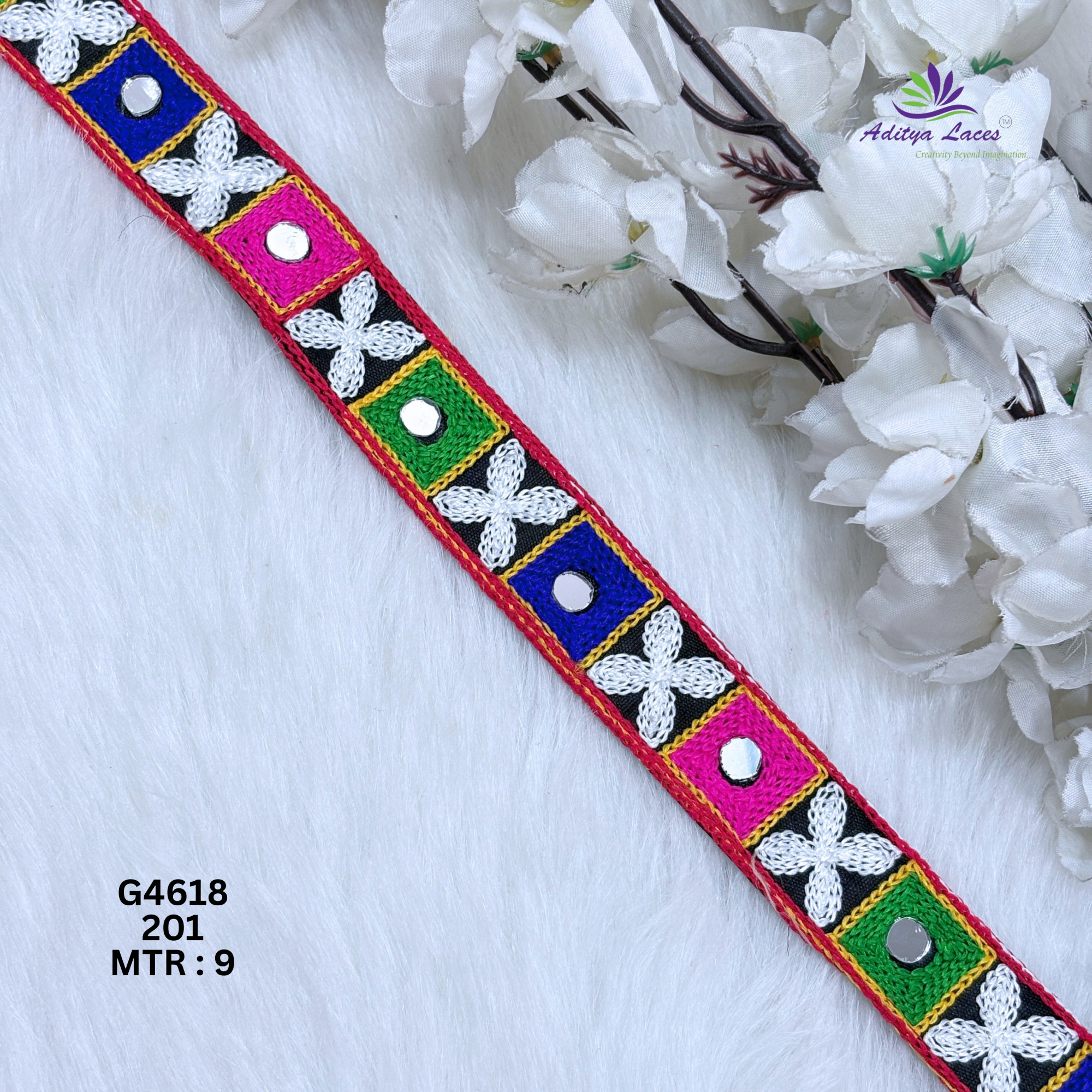 Designer Narrow Multicolor Cross-Stitch Mirror Gamthi Lace Border for Sarees Ethnic Wear Traditional Fashion Trim