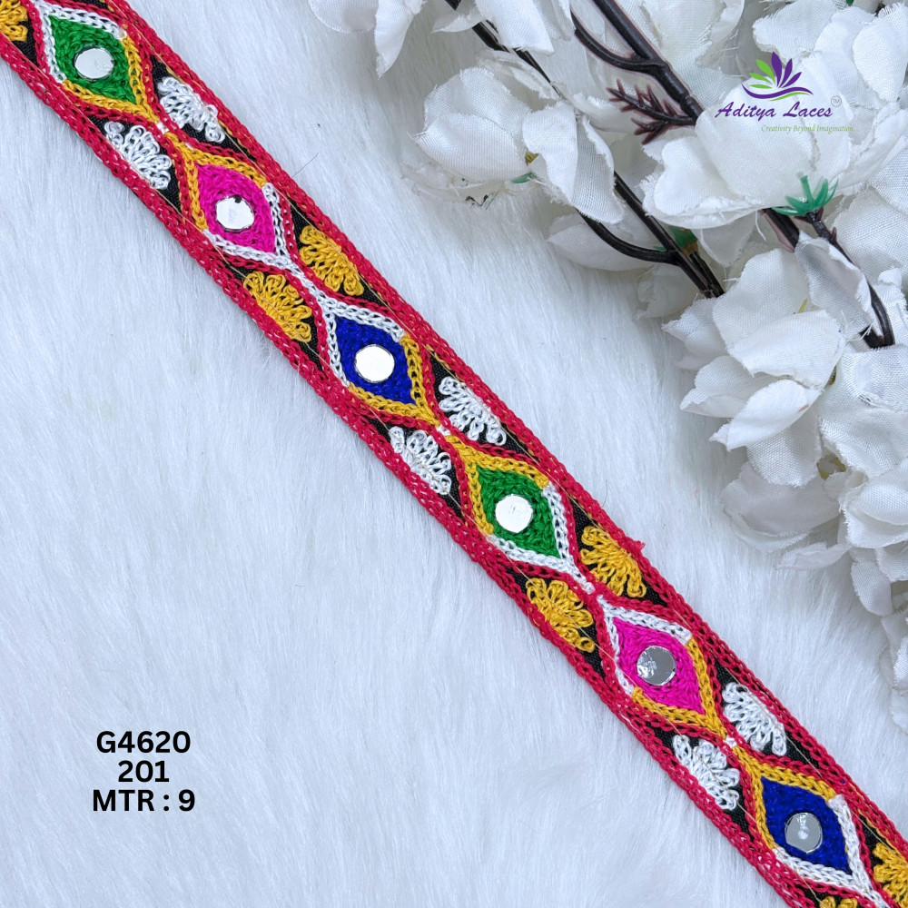 Image of Designer Multicolor Eye Motif Mirror Gamthi Lace Border for Sarees &amp; Ethnic Fashion – Traditional Embroidery Trim